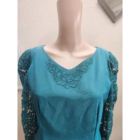 Vintage 80s Evening Dress Medium Teal Modest Full Skirt - Picture 3 of 7